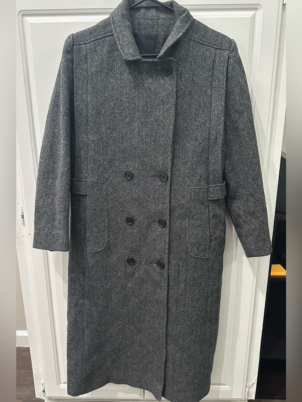 Vintage Central Park Gray Herringbone Wool Long Coat